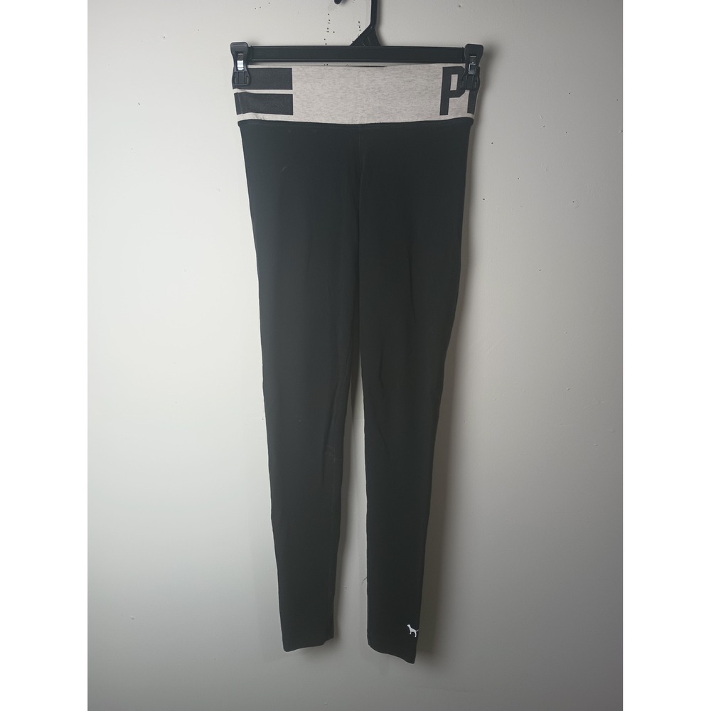 Victorias Secret PINK Foldover Waistband‎ Leggings Black Grey Y2K Logo Dog